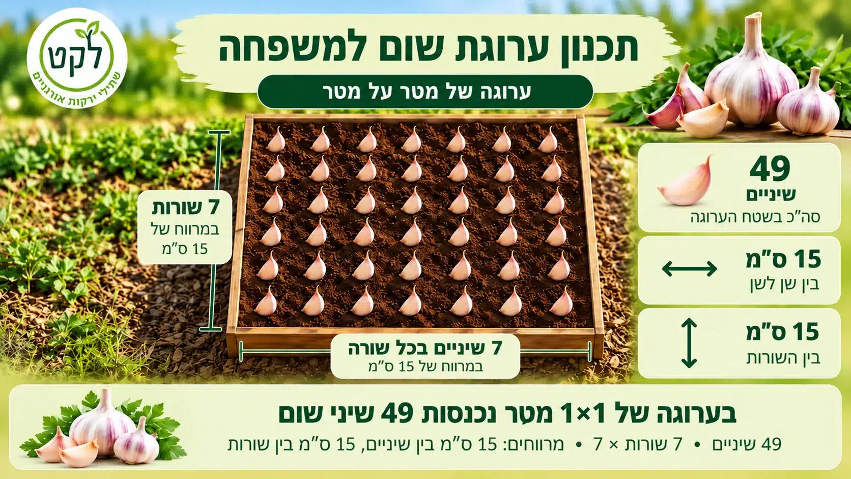 תכנון ערוגת שום בגודל מטר על מטר עם 49 שיני שום, 7 שורות של 7 שיניים במרווחי שתילה של 15 ס״מ