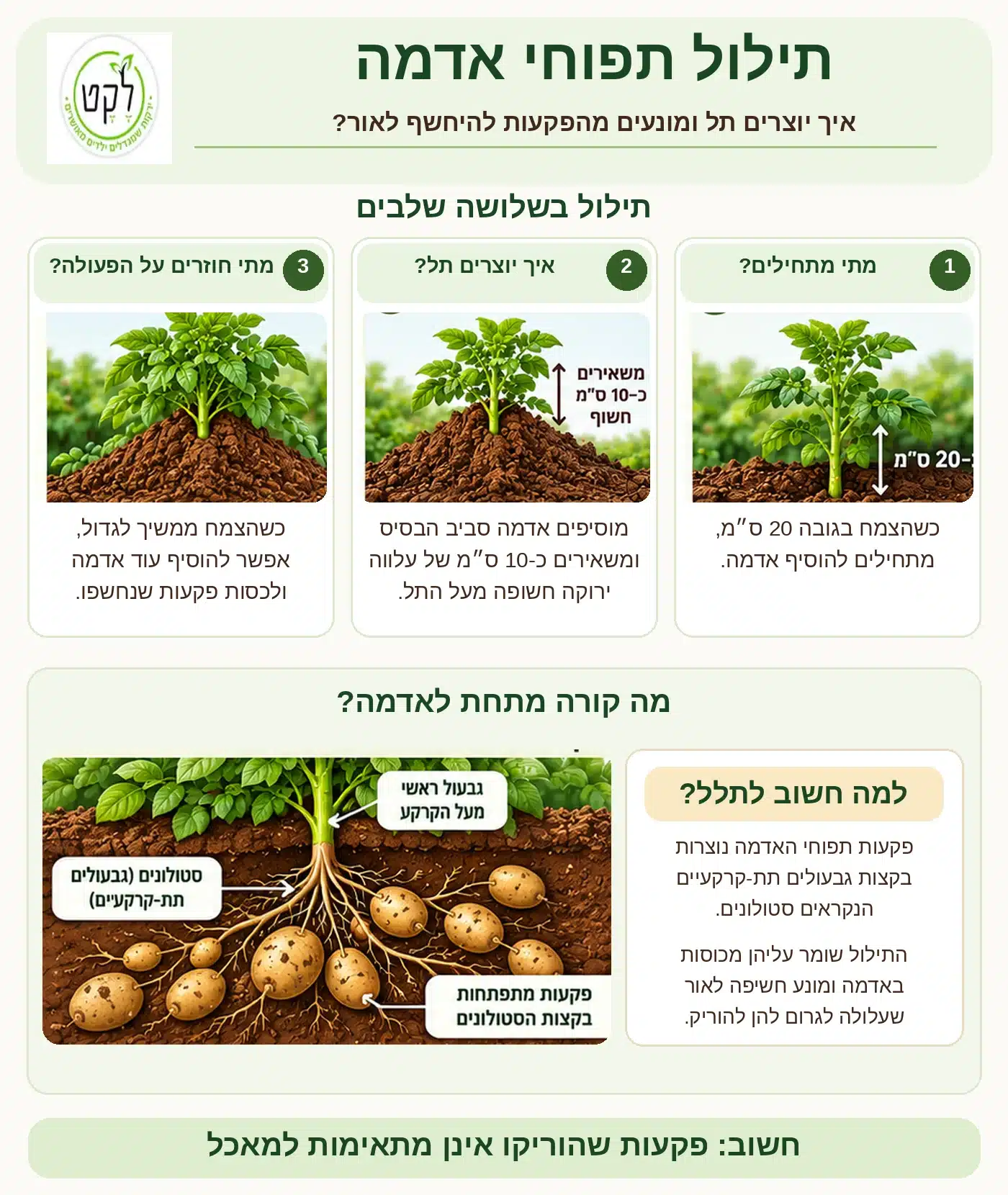 תילול תפוחי אדמה – יצירת תל אדמה סביב הצמח בגובה 20 ס"מ להגנה על הפקעות המתפתחות מתחת לקרקע.