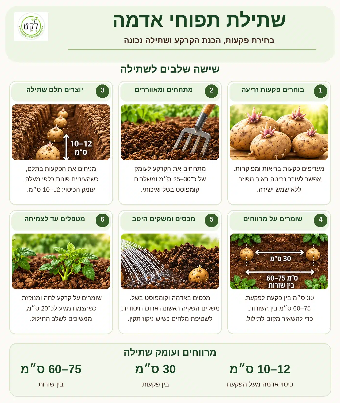 איך שותלים תפוחי אדמה – עומק שתילה 10–12 ס"מ, מרווח 30 ס"מ בין פקעות ו־60–75 ס"מ בין שורות.